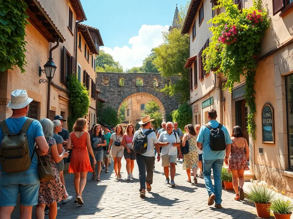 A vibrant image showing participants on a guided historical tour of Chameyrat, led by a knowledgeable guide who is pointing out significant landmarks.