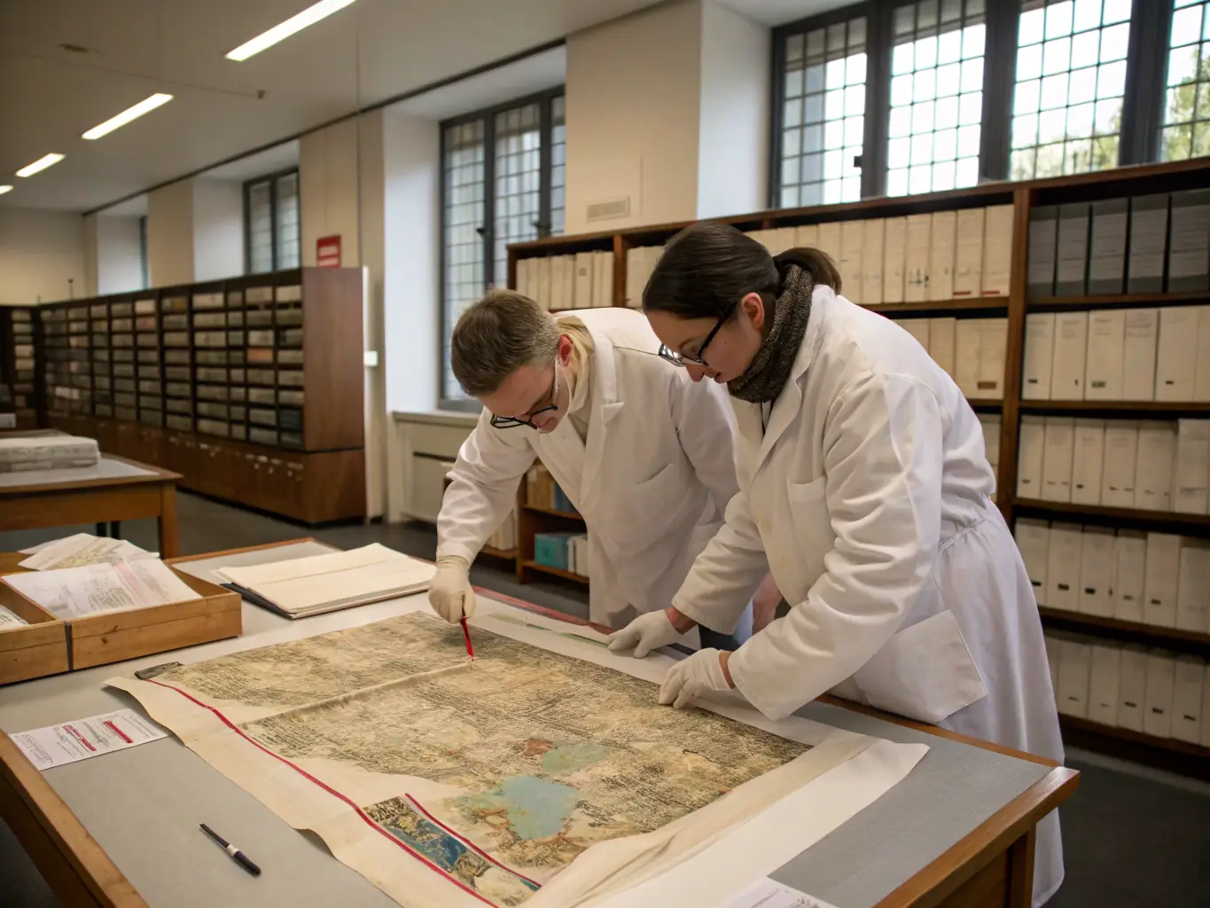 A photograph depicting volunteers working diligently in the archives, carefully preserving historical documents and photographs related to the history of Chameyrat.