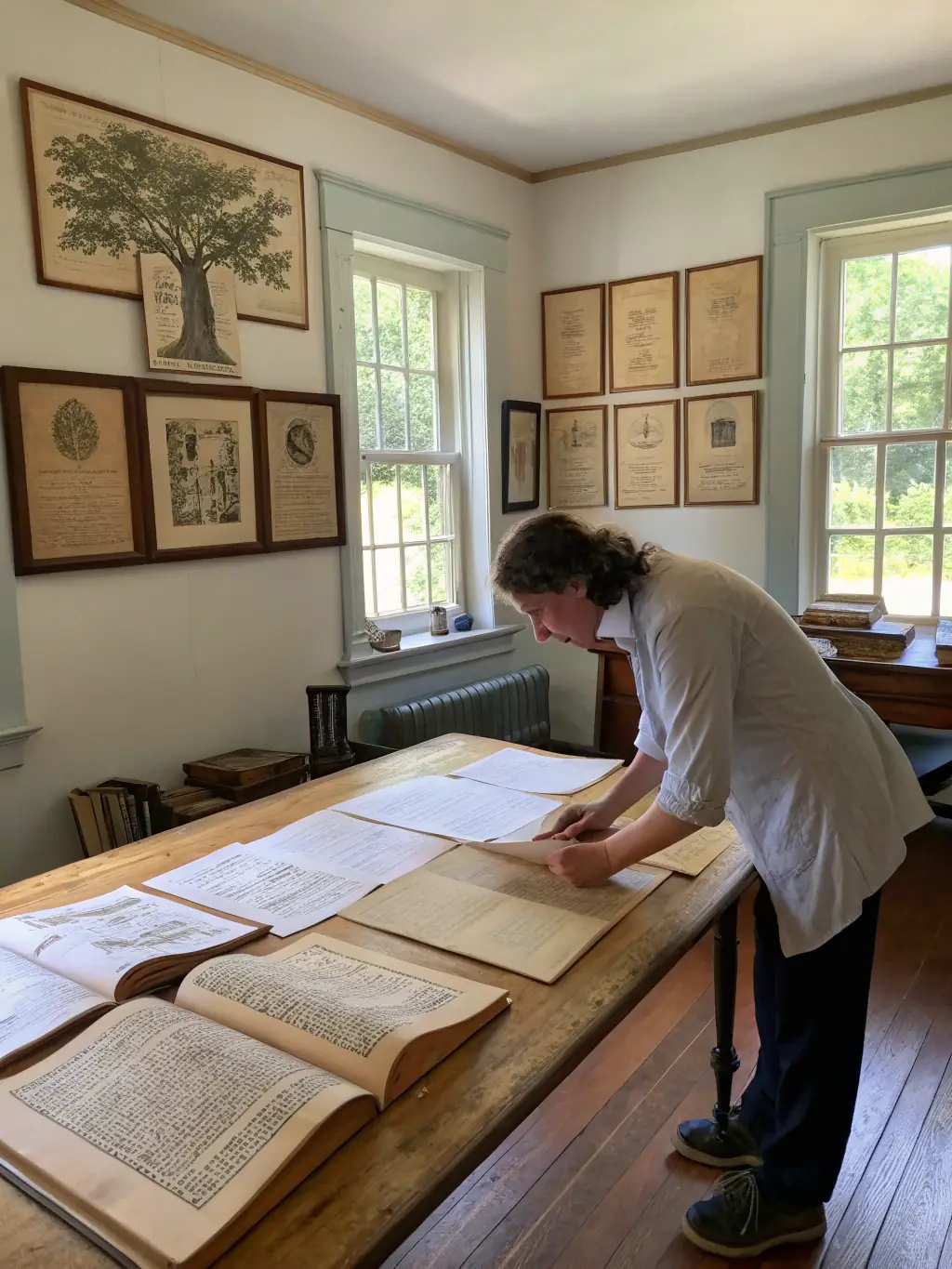 A photograph of the organization's members conducting archival research, examining old documents, maps, and photographs related to Chameyrat's past.