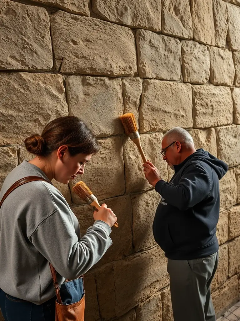 A photograph of volunteers working on the restoration of a local historical landmark, such as the old church or a traditional stone building in Chameyrat.