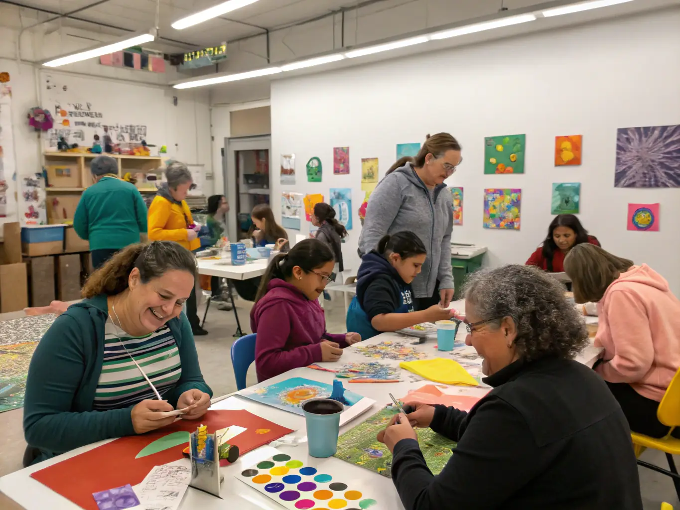 A photograph capturing a community event where people of all ages are participating in a workshop focused on traditional crafts and historical practices.