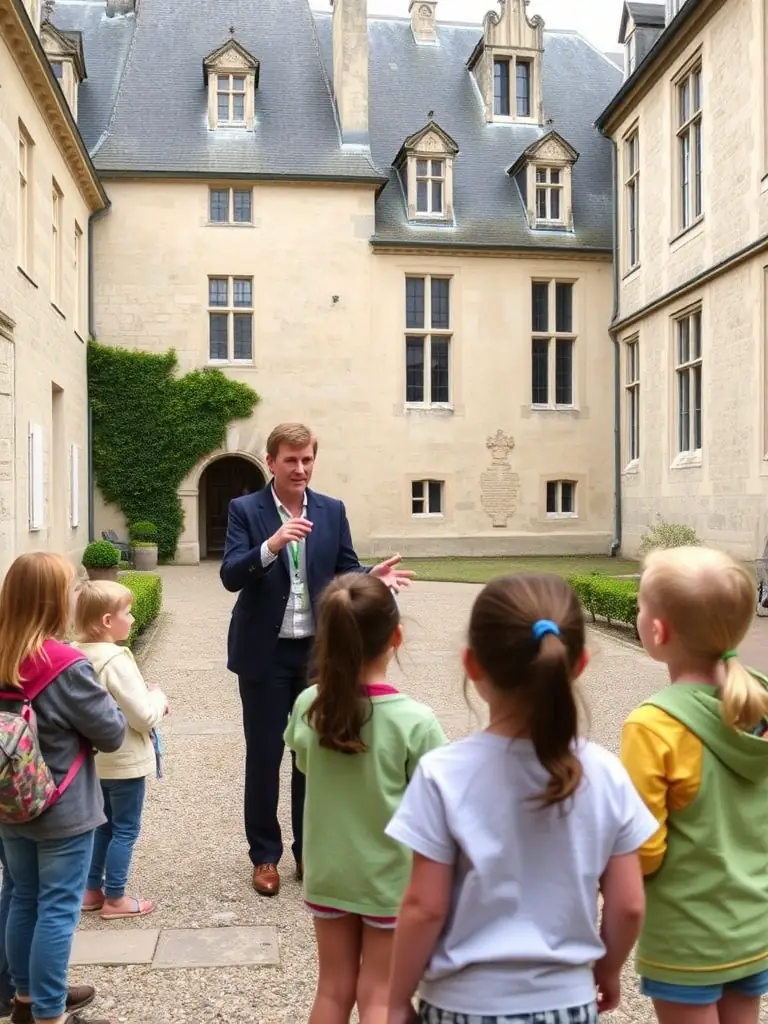 A group of children participating in a guided tour of a historical site in Chameyrat, led by a member of the organization.